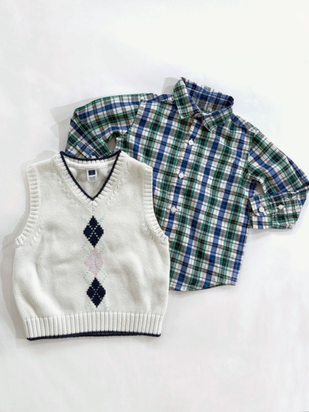 Janie and Jack Boys 2Pc Outfit 18-24M Argyle Vest Plaid Shirt Preppy Classic Set